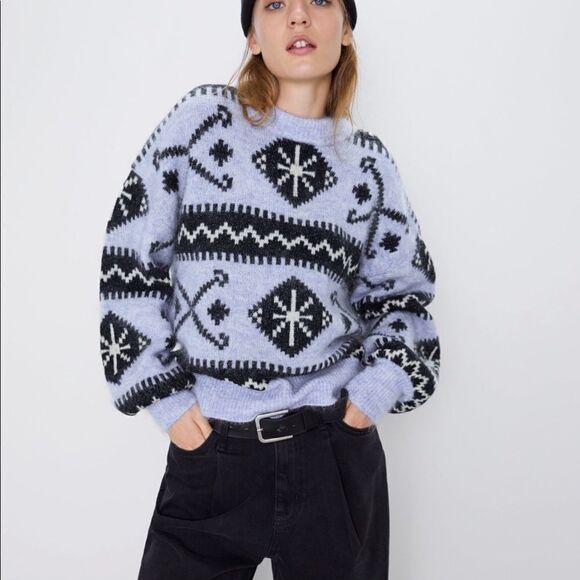 Zara wool mohair sweater Aztec crewneck M - Picture 1 of 10